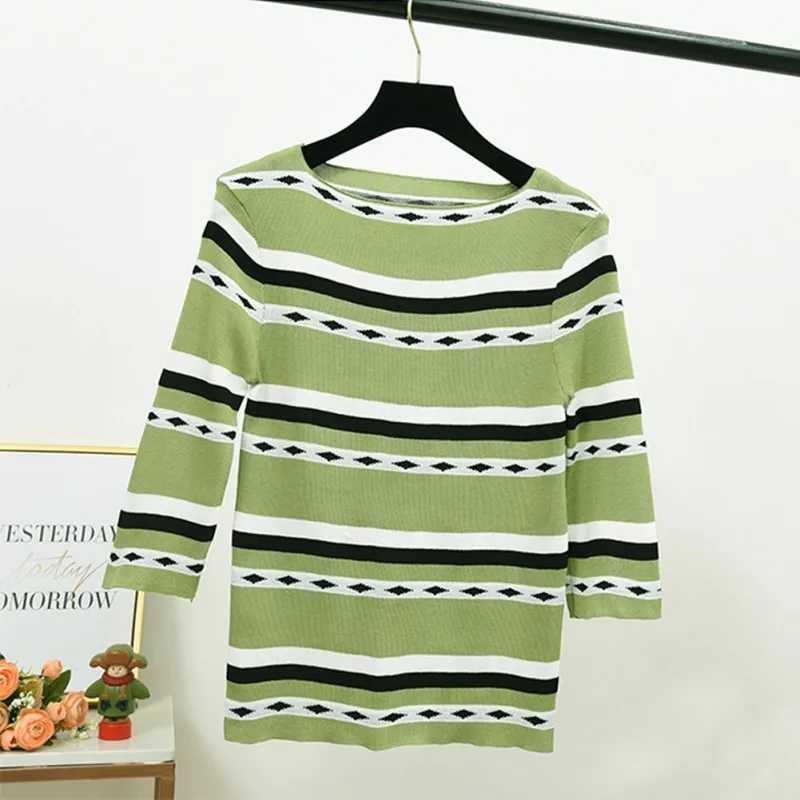 Women Pullover O Neck Sweater Knitted Jumper Women Seven Sleeve Sweaters Striped Autumn Tops For Women Sweaters And Pullovers