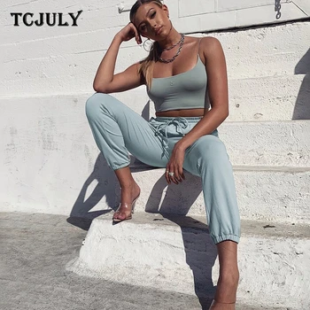

TCJULY New Design Fashion Solid Sweatpants Women High Waist Drawstring Casual Trousers Streetwear Slim Jogger Pants With Pockets