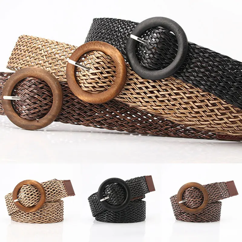

Belts For Women Vintage Boho Braided Waist Belt Black Coffee Female Wide Belt Round Wooden Smooth Buckle Fake Straw