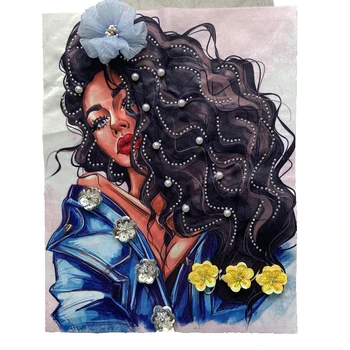 

2019 New 3D Printed African Women Heat Transfer Printing Patches for Clothes Jacket Handmade Flower Beaded Black Lady Appliques