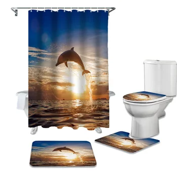 

Sea Wave Sunset Dolphin Fish Shower Curtains Set Bathroom Waterproof Shower Curtain Bathroom Set with Shower Curtain and Rugs