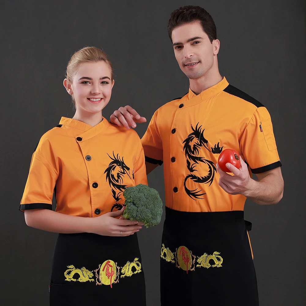 Мужская и женская униформа с короткими рукавами для повара с вышивкой дракона, одежда для работы на кухне, куртка для шеф-повара, фартук, костюм для суши, Поварская рубашка