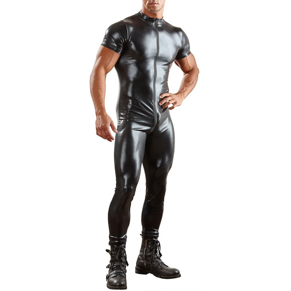 

New Men jumpsuit Summer Casual Fashion Sexy clubwear Artificial Leather underwear Slim Fit Long Sleeve Solid Color Romper