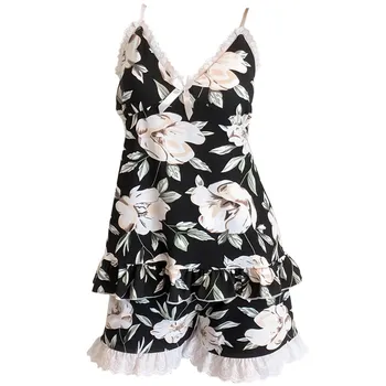 

2020 New Women Pajamas Set Sexy Home Lace Sleepwear Shortless Sleeve Pyjamas with Chest Pad Girl Short Pajamas Pant