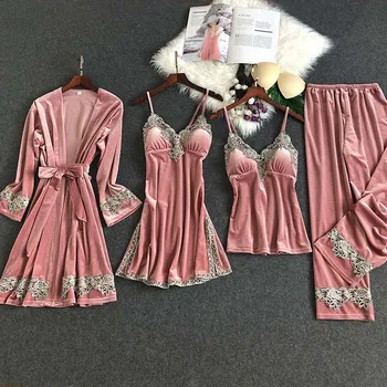 

Women Sleepwear 4 Pieces Pajamas Sexy Lace Grandeur Pajamas Female Home Service Gold Velvet Warm Winter Loungewear Pink Pyjamas