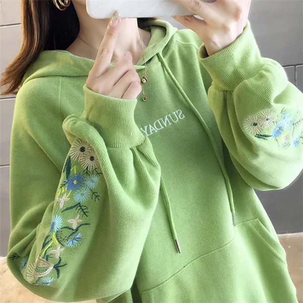 RUGOD новая Kpop одежда корейская вышивка Hoddie карамельный цвет толстовки для женщин досуг уличная одежда с карманом размера плюс для женщин - Цвет: Зеленый