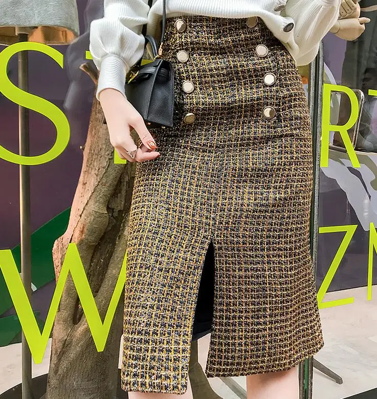 Retro plaid tweed woolen skirt women double breasted autumn winter small fragrance package hip skirt