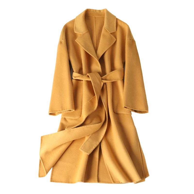 

2019 long soild double cashmere Winter Coat Women Wool jacket loose abrigo mujer autumn and winter new arrival casaco feminino