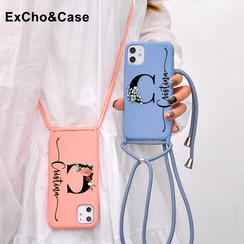 

Custom Name Initials Phone Case For iPhone 12 11 Pro Max X XR XS 7 8 Plus SE Crossbody Lanyard Flower Phone Soft Cover With Rope