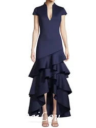A-Line Mother Of the Bride Dress Elegant&Luxurious Plunging Neck Asymmetrical Satin Short Sleeve With Tier Cascading Ruffles