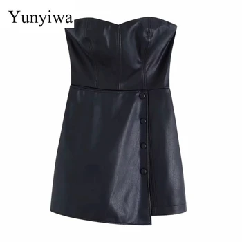 

2020 Women Sexy Strapless PU Leather Jumpsuits Ladies Back Zipper Conjoined Shorts Chic Casual Slim Club Party Siamese