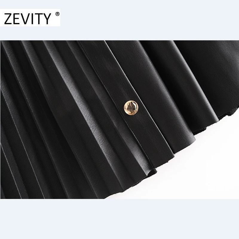 Zevity Women vintage high waist PU Leather pleated mini skirt faldas mujer ladies front buttons casual brand chic skirts QUN689