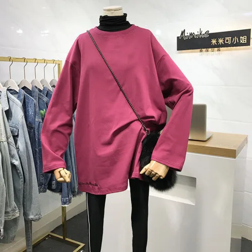 plus velvet rose red Осень/Зима Новинка Вышивка буквы чистый цвет пуловер Футболка женская Свободная нижняя рубашка BF студенческие большие рубашки топы - Цвет: plus velvet rose red
