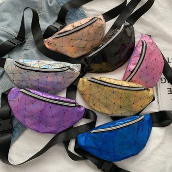 

Waist Bag Women Pink Silver Fanny Pack Female Belt pouch Black Geometric Waist Pack Laser Chest Phone Pouch bum bag money bags