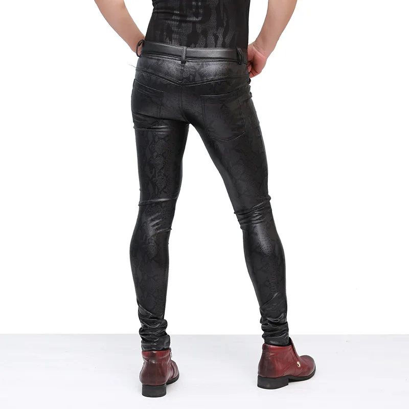Черный Змеиный узор для мужчин Slim Fit эластичные удобные брюки из искусственной кожи длинные джинсы для моды для мужчин Клубная одежда