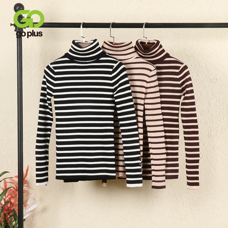 

Autumn 2020 Women's Sweaters Clothing Striped Black Buttons Sweaters Womans Turtleneck Pullovers Ropa Mujer Kobieta Swetry