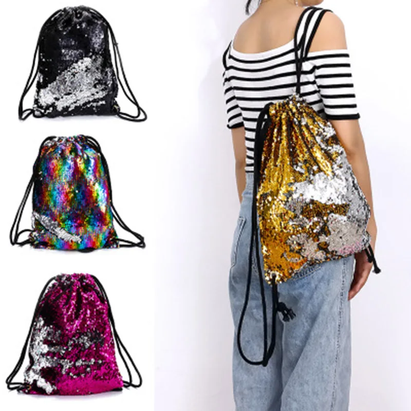 Сумки на шнурке с блестками двусторонние пайетки рюкзак сверкающие сумки на плечо для девочек женщин AIC88