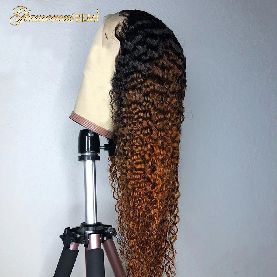 13*6 Peruvian Glueless Kinky Curly Lace Front Human Hair Wigs for Women Bleached Knots with Baby Hair Colored Ombre 1b 30 Wig