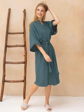 

Ruched Cotton Robe Women's Nightgown Autumn Bathrobe Female Nightwear Casual Sleepwear Flare Three Quarter Sleeves Women Pijama