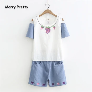 

Merry Pretty Women's Two Piece Sets Tops And Shorts Cartoon Embroidery Off Shoulder T Shirts And Casual Pockets Shorts Skirts