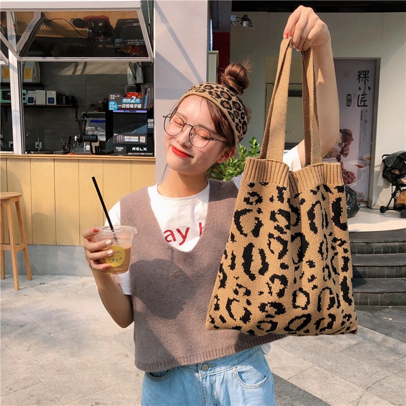 Youda Original Knitting Design Ladies Winter Shopping Handbag Leopard Casual Shoulder Bag Fashion Style Student Simple Tote