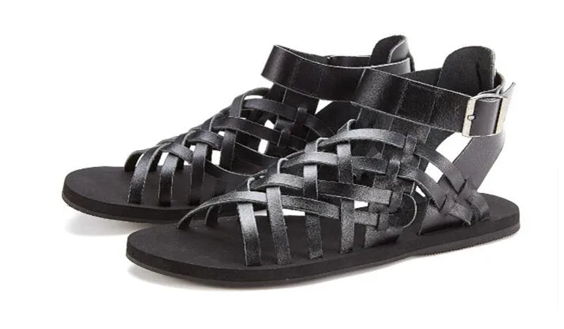 Дизайнер коричневый открытый носок обувь итальянский пляж Римский ботинки ремень мода Настоящая кожа плоские Мужчины гладиаторские сандалии лето черный