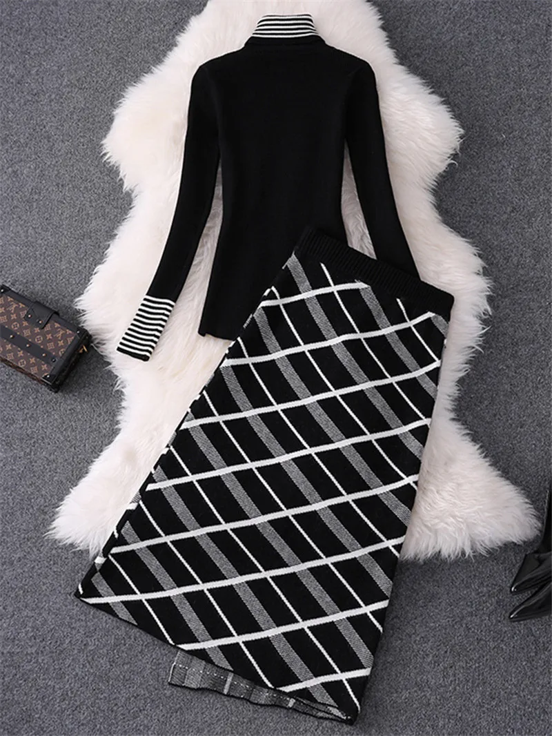 Top Brand Designer Women Sweater Skirt 2Pcs Set 2019 Autumn Winter High Neck Knit Top+Plaid Skirt Suit Set Lady Twinset