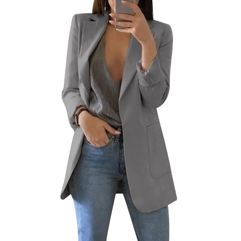 Весенний женский Блейзер, повседневный деловой однотонный Кардиган с длинным рукавом, пиджак, костюм, винтажная верхняя одежда с воротником, Женский блейзер, Топ - Цвет: gray