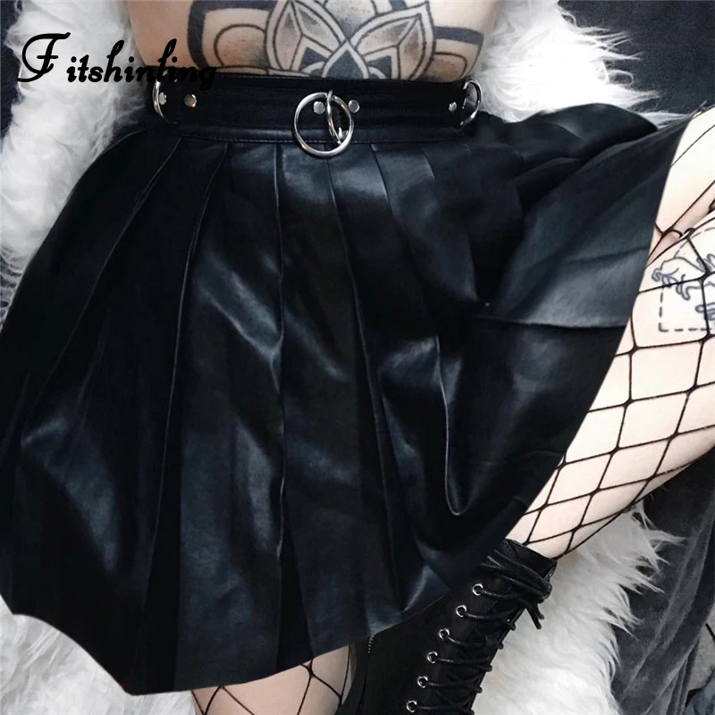 

Fitshinling Gothic Dark PU Women Pleated Skirt 2020 Spring Slim Sexy Black High Waist Skirts Grunge Punk Short Mini Faldas Femme