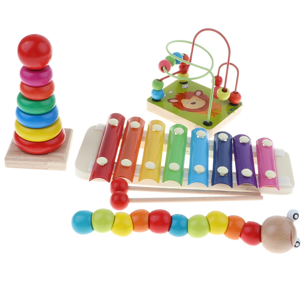 Set of 4Pcs Wooden Montessori Development for baby - Percussion Xylophone Round Bead Rollercoaster Sensory Teaching Aids Toy #A
