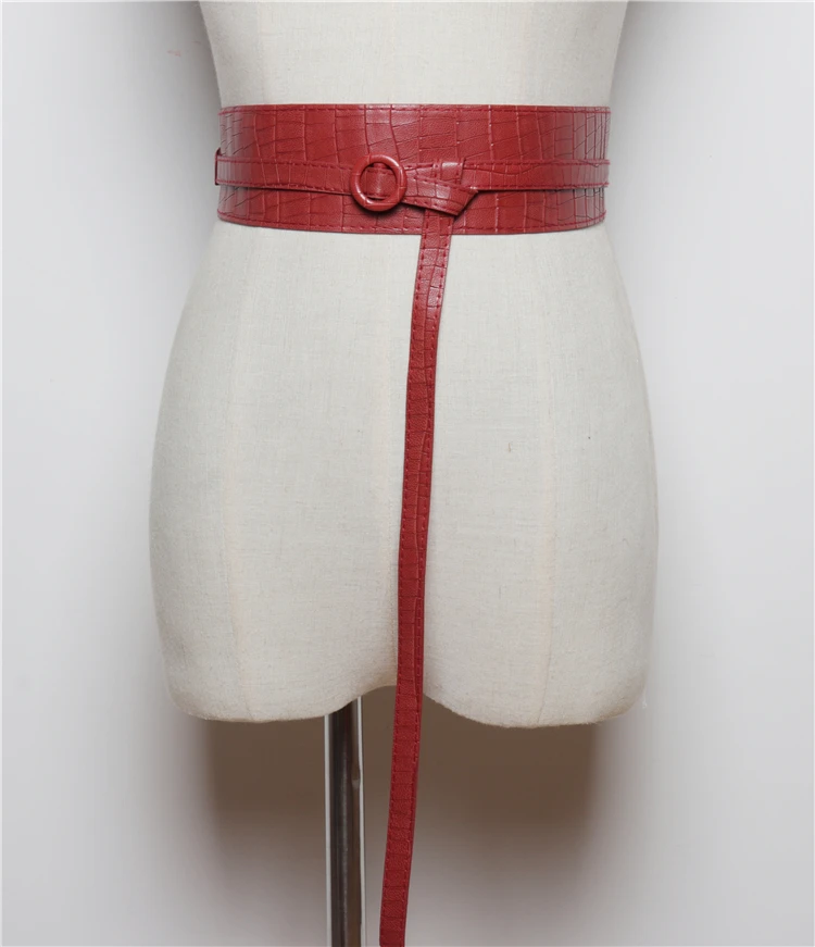 

2019 Wide Cummerbund Women Autumn Bowknot Alligator Pattern PU Waist Belts Elegant Ladies Double Layers Leather Waistband Belt