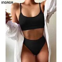 INGAGA High Waist Bikini Swimsuits Women Push Up Swimwear Ribbed Bathing Suit Strap Biquini Sexy Brazilian Bikinis Set Beachwear 2