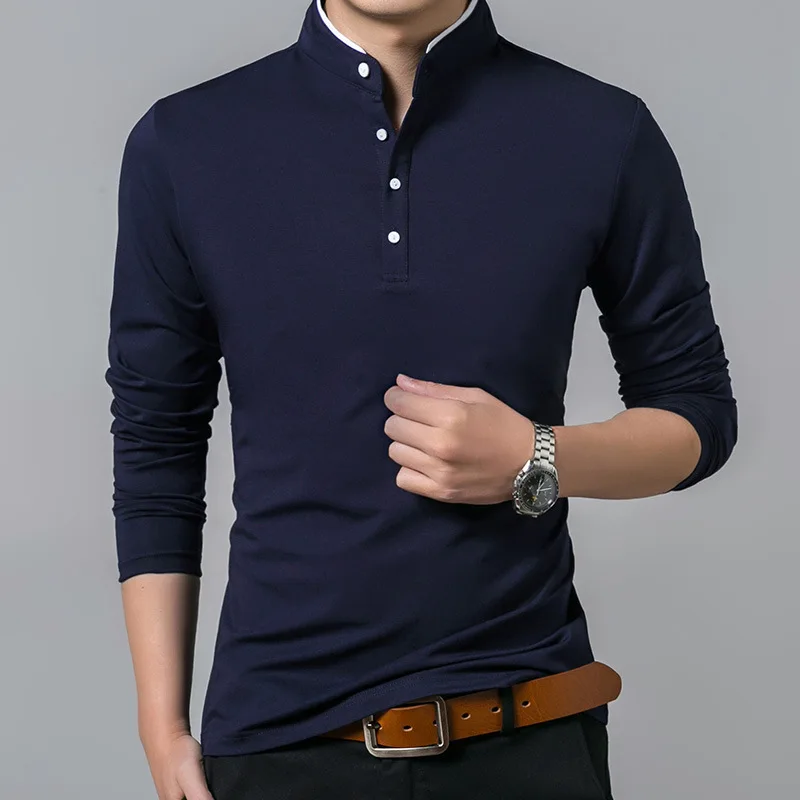 Повседневная Облегающая рубашка для мужчин, поло, однотонная хлопковая осенне-зимняя рубашка поло с длинными рукавами для мужчин, анти-пиллинг, Camiseta Polo - Цвет: Синий