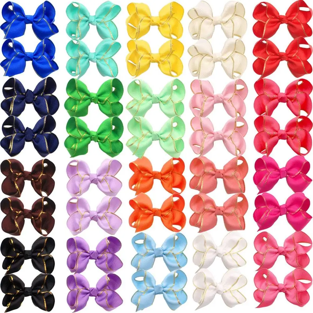 

40pcs/lot 4 inch Baby Girls Hair Bows Clips Boutique Grosgrain Ribbon Gold Thread Alligator Hair Clips For Girls Toddlers Kids