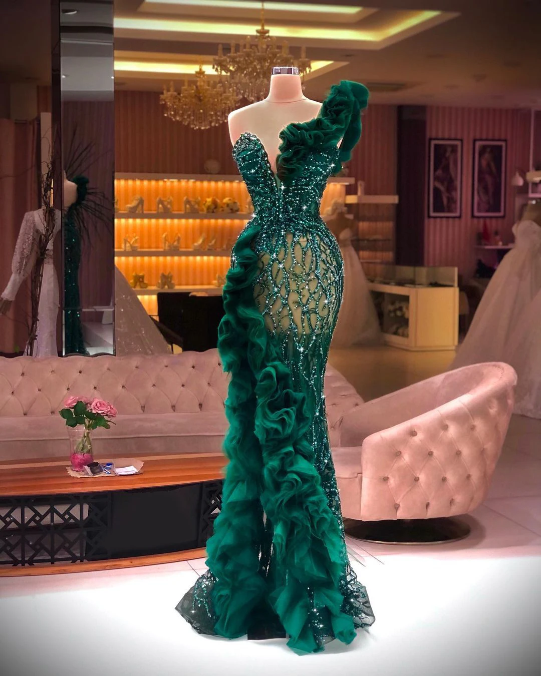 Hot Sale Green Mermaid Trumpet Cocktail Dresses Applique Sequins Prom Dress Stretchy Party Gowns