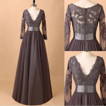 

Lace Long Sleeve Mother of the Bride Dress V Neck Tulle Skirt A Line Floor Length Women Formal Occasion Evening Party Gowns