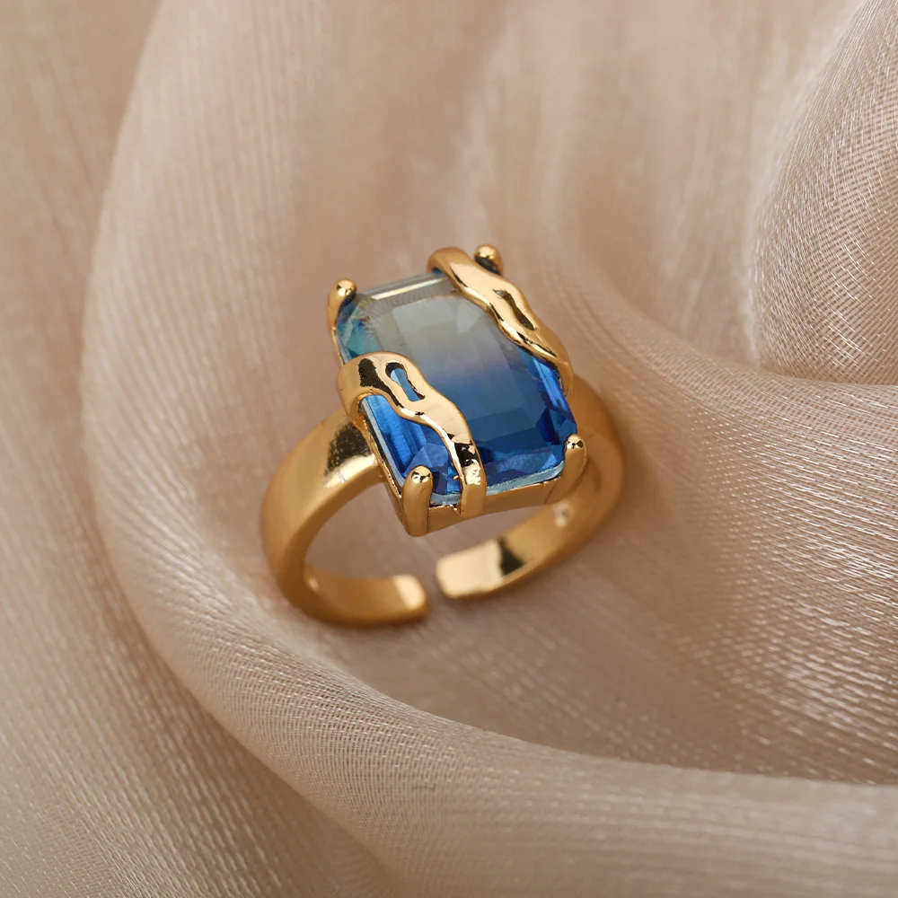 Blue Stone Ring Design For Ring Ceremony Cubic Zircon Blue Square