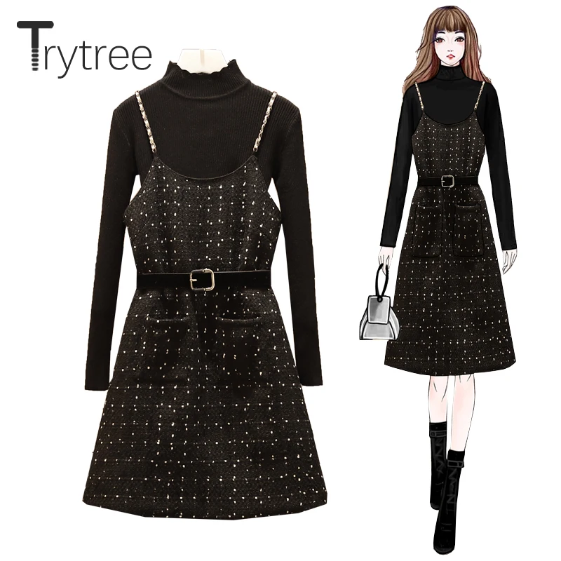 Trytree 2020 AW Women Casual two piece set Knitted Sweater + Sling Dress Polka Dot Zipper Sashes Set Fashion A-line 2 Piece |