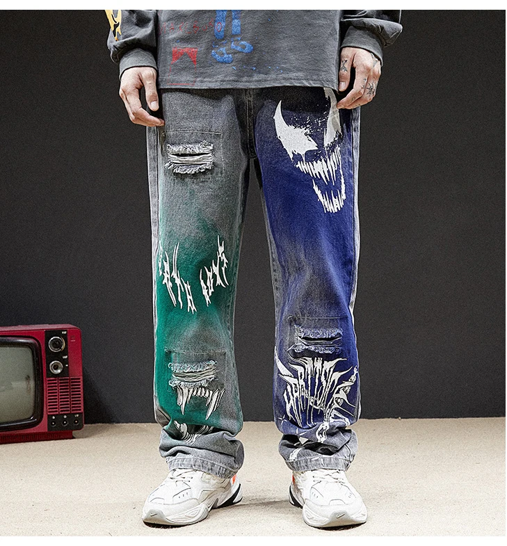 Мужские джинсовые брюки-карго, свободные, зима-осень, для ночного клуба, панк-рок, хип-хоп, джинсы с дырками, граффити, дьявол, прямые джинсы
