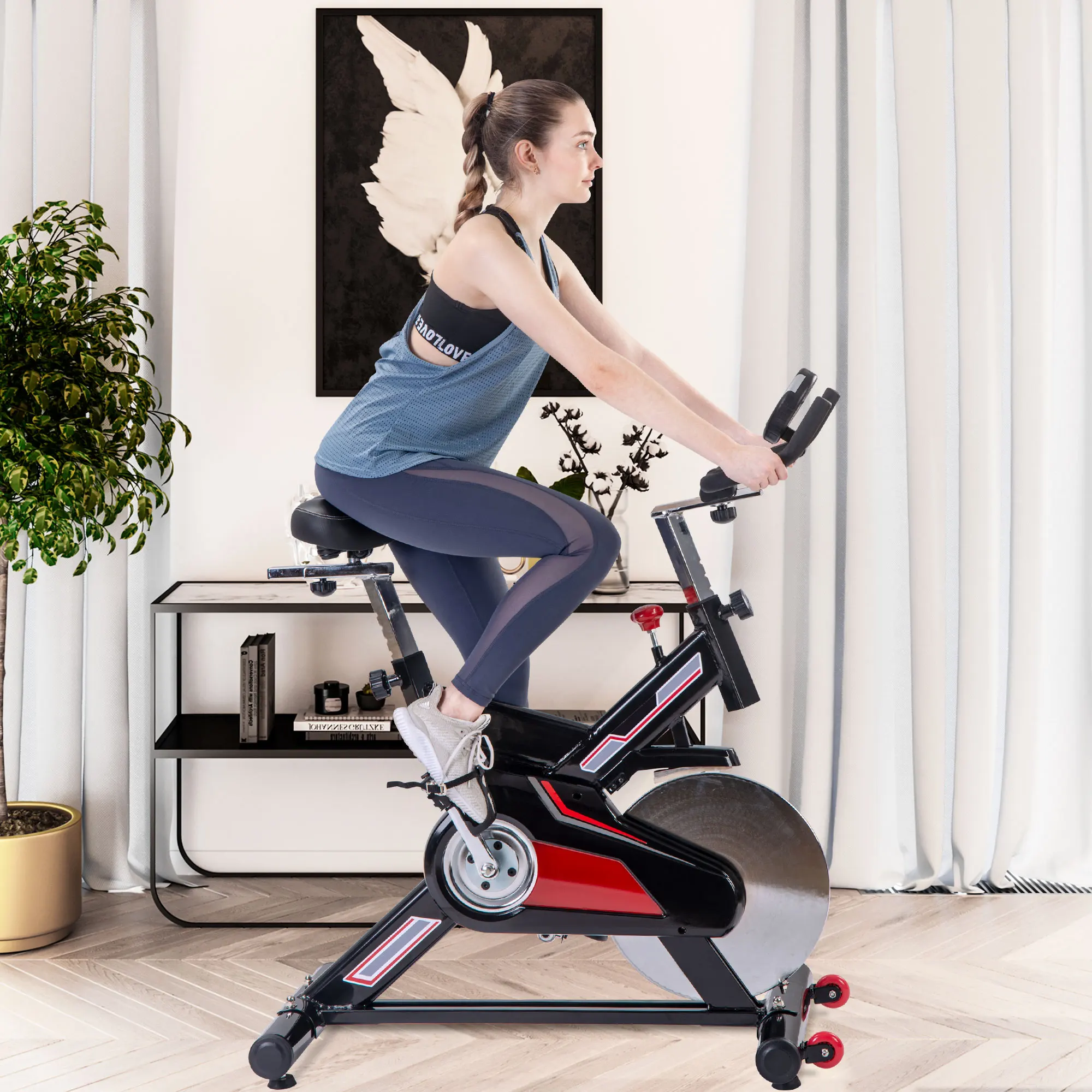 Indoor Cycling Exercise Bike Belt Drive Stationary Bicycle with LCD Monitor and Comfortable Seat Cushion for Home Cardio Workout