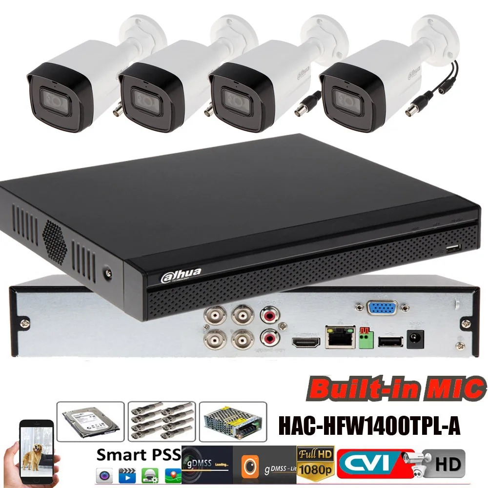 Mutil language dahua CVI система 4MP DVR комплект с 4 ch 4mp HAC HFW1400TL A встроенный micphone CCTV блоком