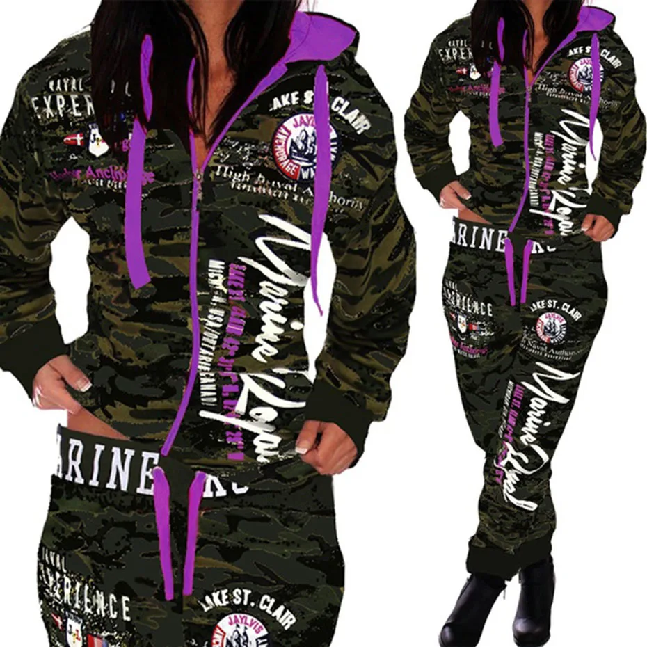 

2020 New 2 Parts Hooded Sweatshirt and Pants Set Pattern Printed Tracksuit two piece Tops Pants Women sets sweatsuit plus size
