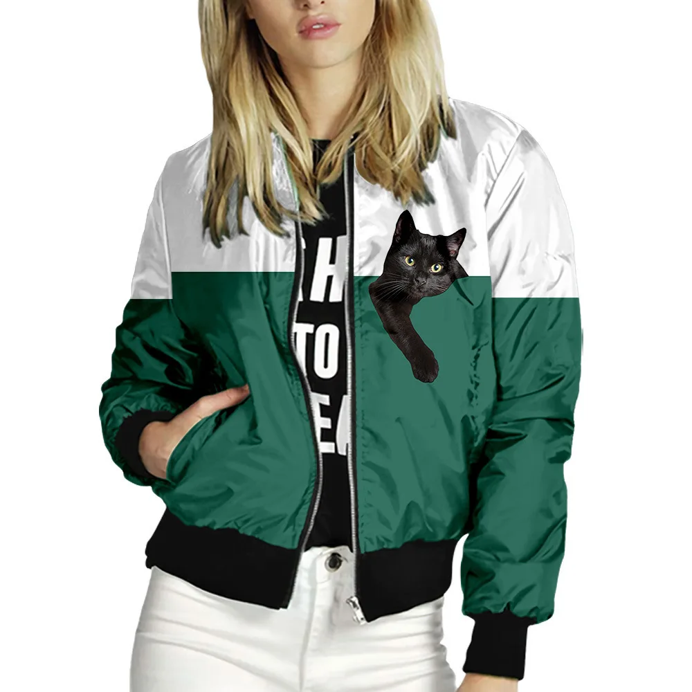 

Женские куртки с принтом милого кота, женская верхняя одежда на молнии, осенние короткие тонкие повседневные байкерские куртки с длинным рукавом и карманами, топы