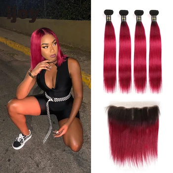 

Ombre Straight Human Hair 4 Bundles With Frontal 4x13 Lace #Burgundy Red 8-26inches Brazilian Hair Weave Bundles Non-Remy IJOY