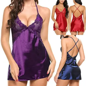 

Lace nude back hollow out sexy lingerie imitation ice silk sexy temptation suit nightdress U9Z9