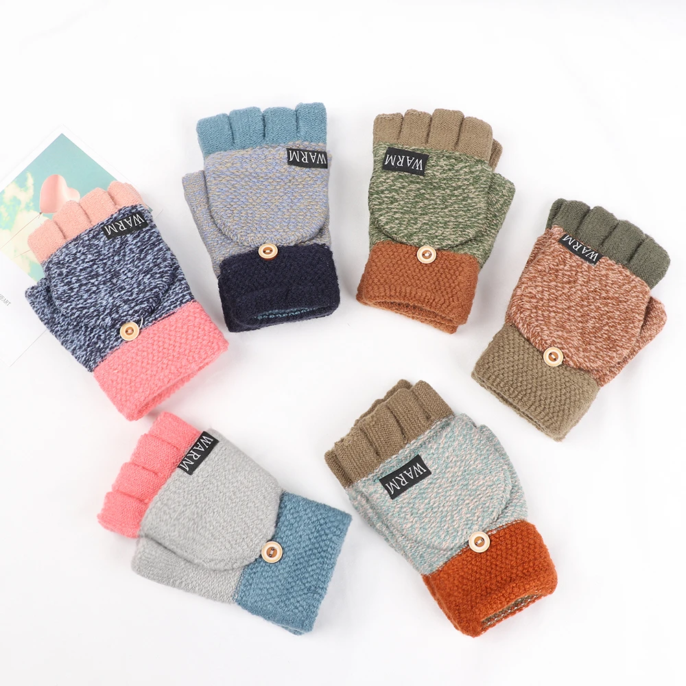 Flexible Dual-use Exposed Finger Thick Gloves  Unisex New Winter Warm Thickening Wool Mittens Knitted Flip Top Fingerless Gloves