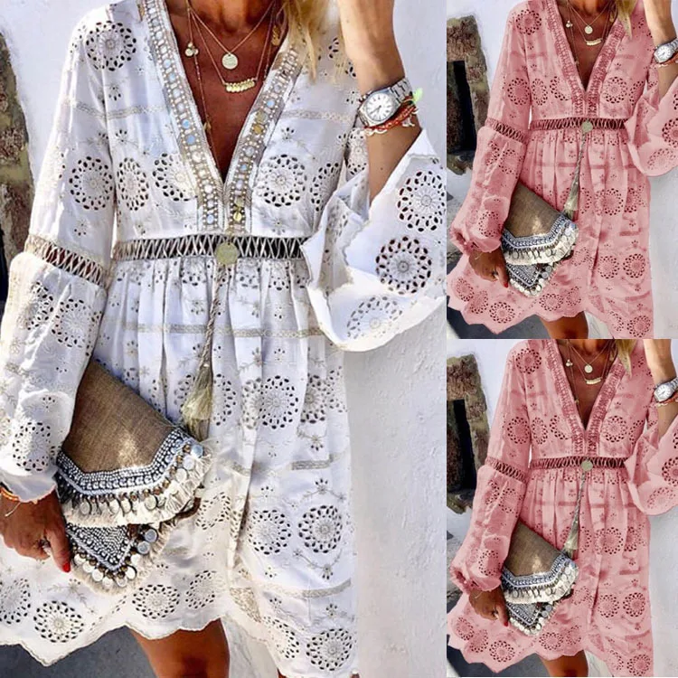 

Beachwear Woman Women Swimsuit Bathing Suit Beach Skirts Plus Size Swimwear 2020 Autumn Dress Lace Pure Color Long Sleeve