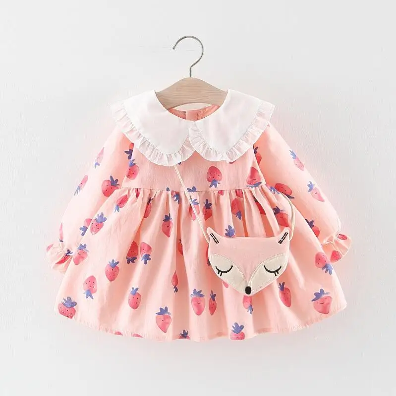 

Cute Infant Baby Long Sleeve Cotton Dress Strawberry Print Girls Fall Dresses Pink White Toddler 1 2 3 years birthday Clothes