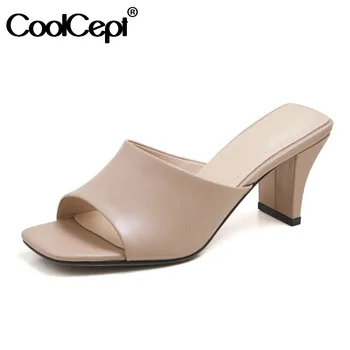 

CoolCept 2020 Real Leather Sandals Thick Heel Open Toe Solid Color Slip On Slides Slippers Female Ladies Footwear Size 34-39