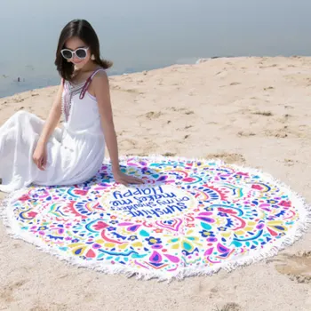 

140cm Round Tassel Beach Towel Summer Vacation Seaside Shawl Bath Towel Large Geometry Cooling Swimming Beach Towel Flower 1PC